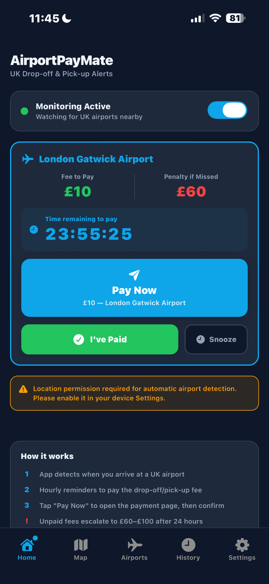 AirportPayMate home screen showing London Gatwick countdown