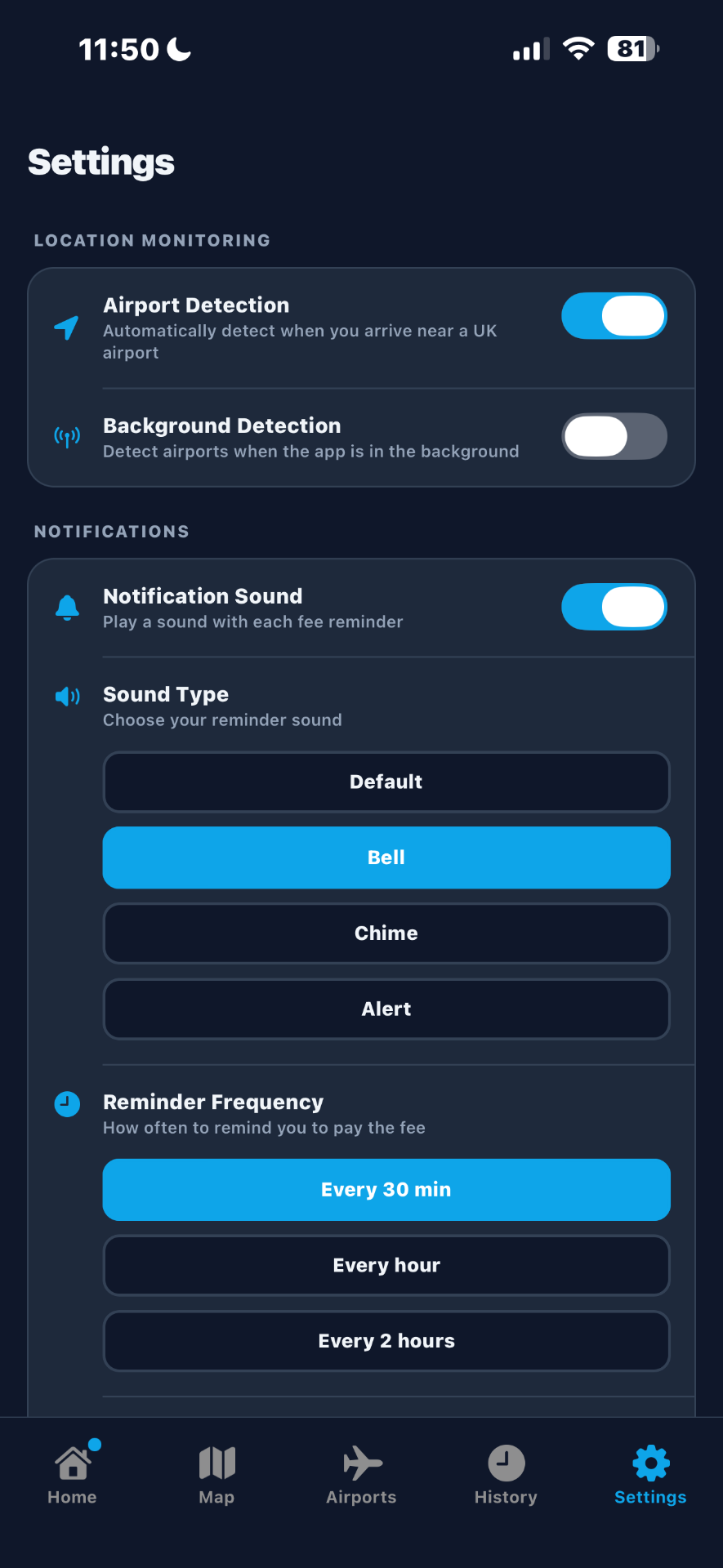 AirportPayMate — Granular settings